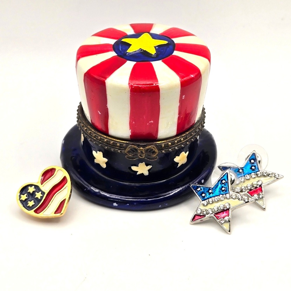 Patriotic Uncle Sam Hat Trinket Box Set Avon Flag Heart Pin Star Earrings